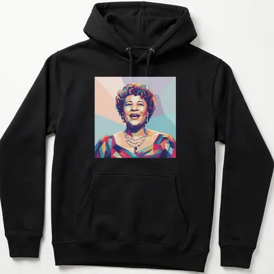 Pop art portrait of Ella Fitzgerald in vibrant colors — printed on a unisex hoodie