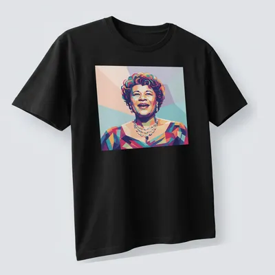 Pop art portrait of Ella Fitzgerald in vibrant colors — printed on a unisex t-shirt (angled view)