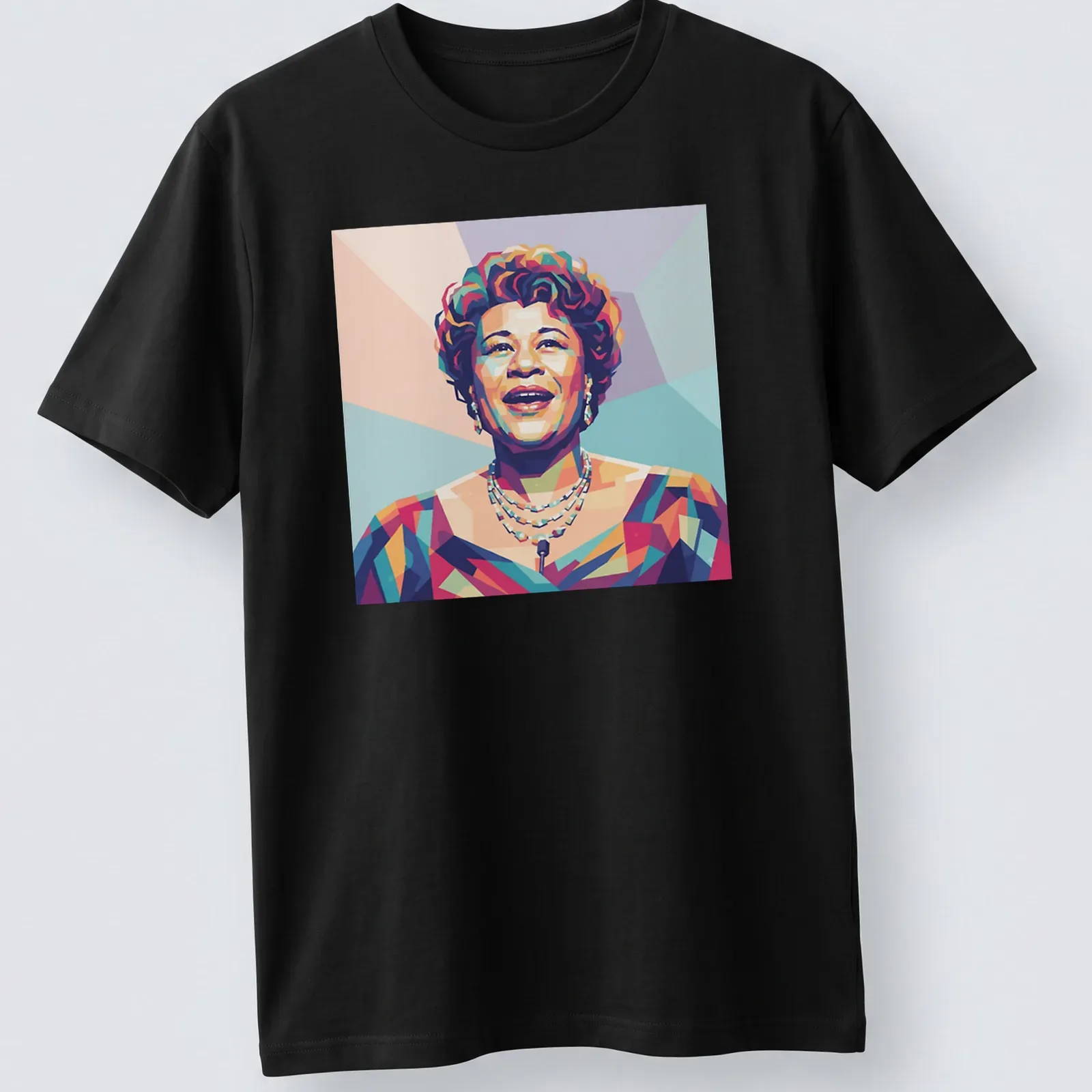 Pop art portrait of Ella Fitzgerald in vibrant colors — printed on a unisex t-shirt
