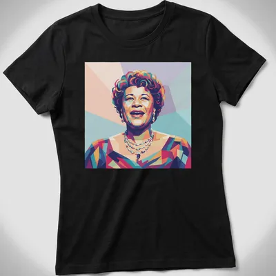 Pop art portrait of Ella Fitzgerald in vibrant colors — printed on a women's shirt