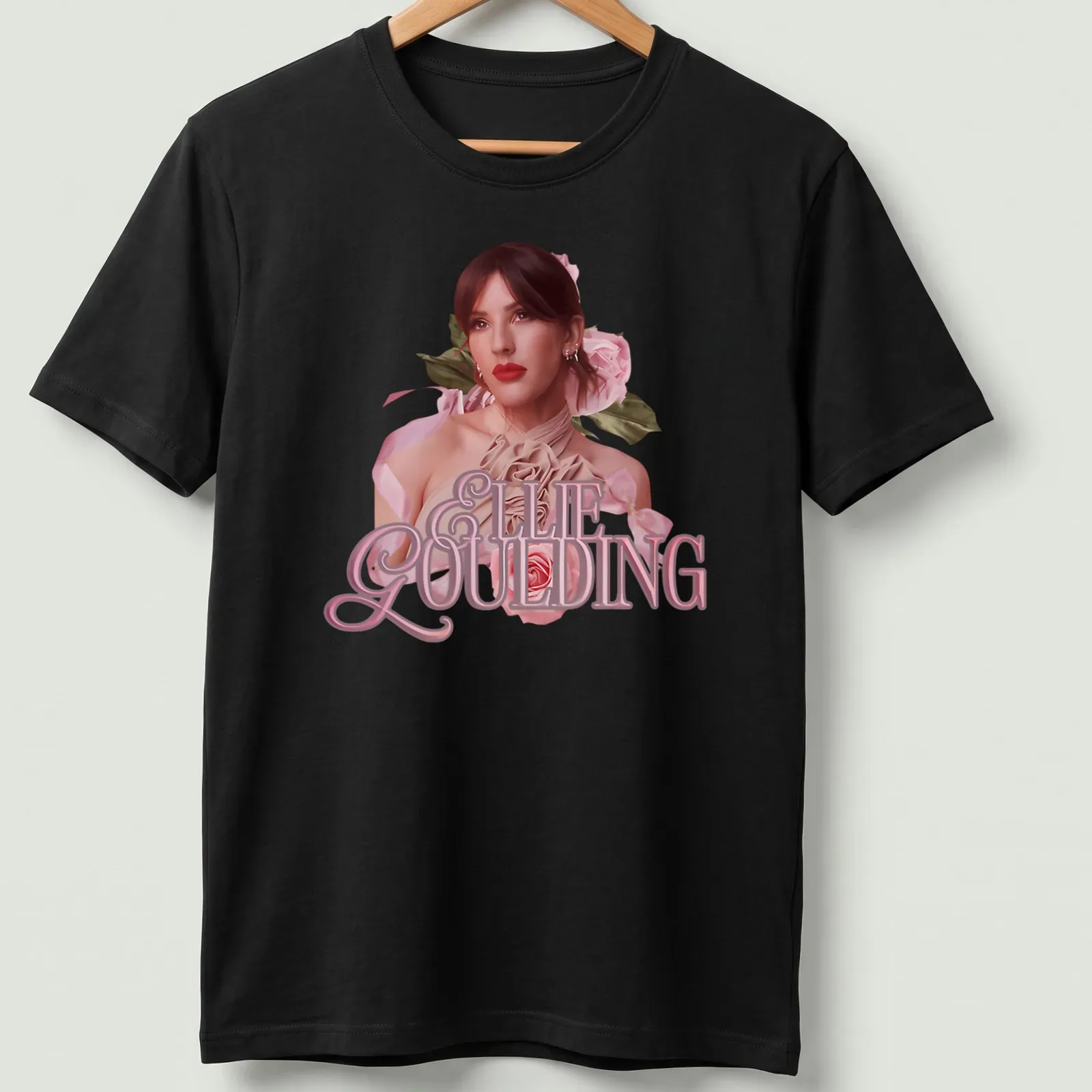 Vintage floral print t-shirt featuring Ellie Goulding's name and a woman with roses — printed on a unisex t-shirt