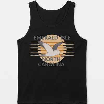 Illustrative design featuring a seagull carrying a sandwich with the text Emerald Isle North Carolina — printed on a tank top