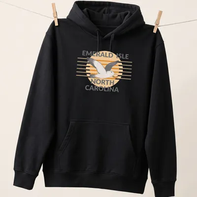 Illustrative design featuring a seagull carrying a sandwich with the text Emerald Isle North Carolina — printed on a unisex hoodie