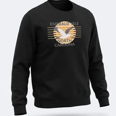 Illustrative design featuring a seagull carrying a sandwich with the text Emerald Isle North Carolina — printed on a unisex sweatshirt