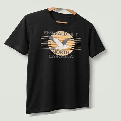 Illustrative design featuring a seagull carrying a sandwich with the text Emerald Isle North Carolina — printed on a unisex t-shirt (angled view)