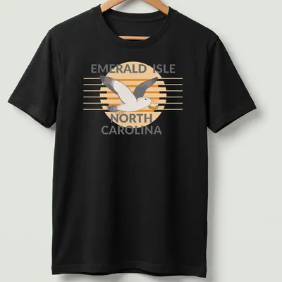 Illustrative design featuring a seagull carrying a sandwich with the text Emerald Isle North Carolina