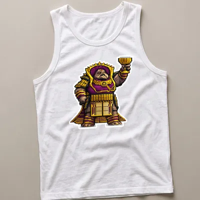 Pixel art design featuring Emperor Calus in purple and gold colors — printed on a tank top