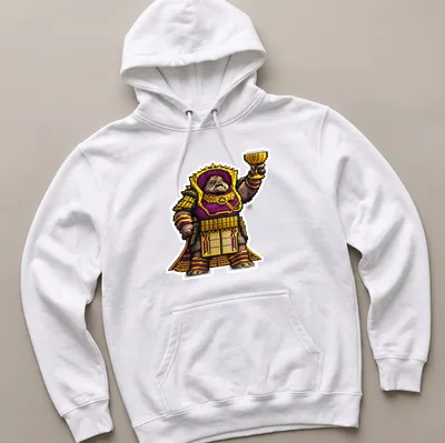 Pixel art design featuring Emperor Calus in purple and gold colors — printed on a unisex hoodie