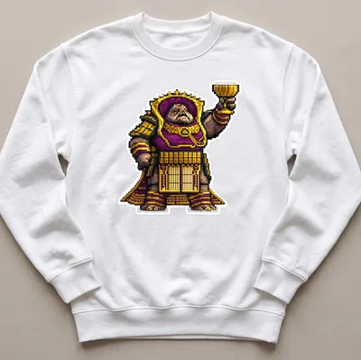Pixel art design featuring Emperor Calus in purple and gold colors — printed on a unisex sweatshirt