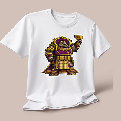 Pixel art design featuring Emperor Calus in purple and gold colors — printed on a unisex t-shirt (angled view)