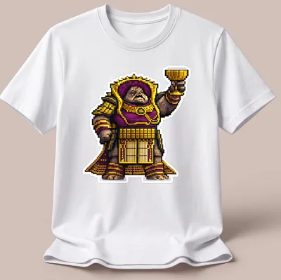 Pixel art design featuring Emperor Calus in purple and gold colors
