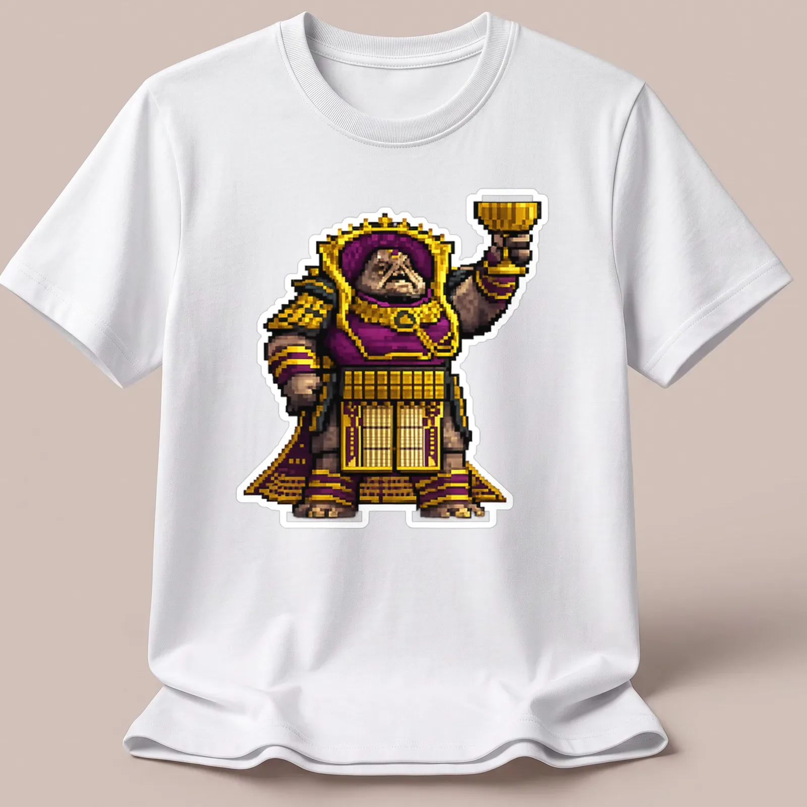 Pixel art design featuring Emperor Calus in purple and gold colors — printed on a unisex t-shirt