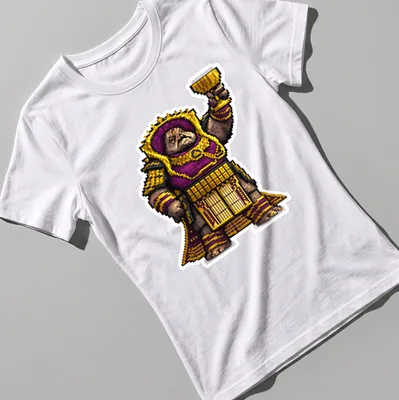 Pixel art design featuring Emperor Calus in purple and gold colors — printed on a women's shirt