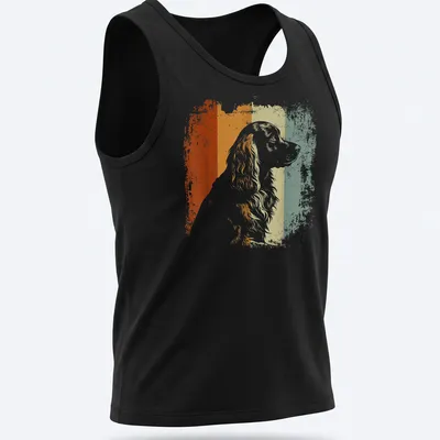 Retro distressed English Cocker Spaniel illustration in orange, cream, green, and blue — printed on a tank top