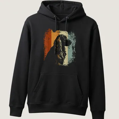 Retro distressed English Cocker Spaniel illustration in orange, cream, green, and blue — printed on a unisex hoodie
