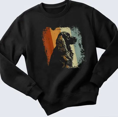 Retro distressed English Cocker Spaniel illustration in orange, cream, green, and blue — printed on a unisex sweatshirt