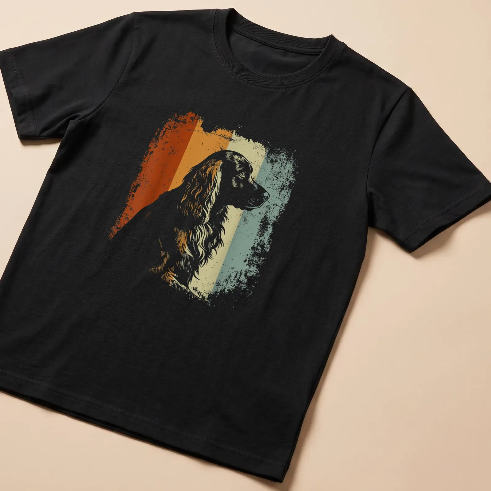 Retro distressed English Cocker Spaniel illustration in orange, cream, green, and blue — printed on a unisex t-shirt