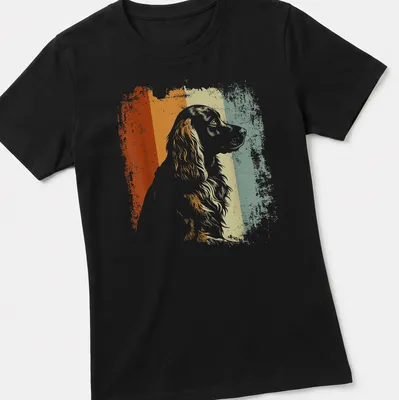 Retro distressed English Cocker Spaniel illustration in orange, cream, green, and blue — printed on a women's shirt