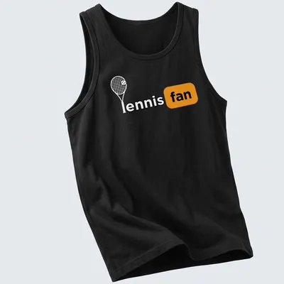 Bold typography t-shirt with 'ennis fan' design in black, orange, and white — printed on a tank top