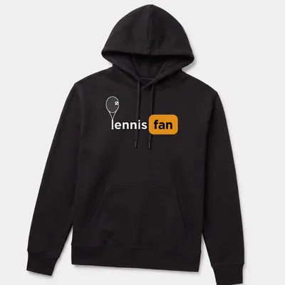 Bold typography t-shirt with 'ennis fan' design in black, orange, and white — printed on a unisex hoodie