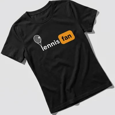 Bold typography t-shirt with 'ennis fan' design in black, orange, and white — printed on a women's shirt