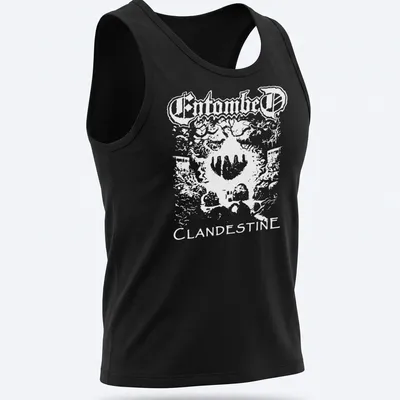 Bold black and white Entombed Clandestine band logo — printed on a tank top