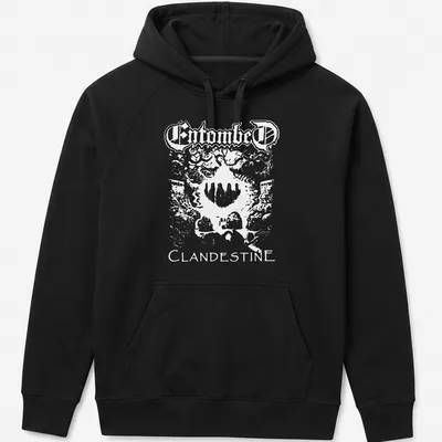 Bold black and white Entombed Clandestine band logo — printed on a unisex hoodie