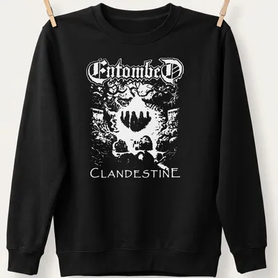 Bold black and white Entombed Clandestine band logo — printed on a unisex sweatshirt