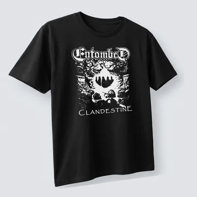 Bold black and white Entombed Clandestine band logo — printed on a unisex t-shirt (angled view)