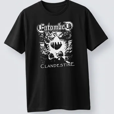 Bold black and white Entombed Clandestine band logo t-shirt