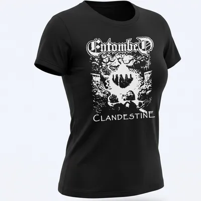 Bold black and white Entombed Clandestine band logo — printed on a women's shirt