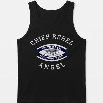 Vintage badge design of an angel with the text 'ENTOMBED MORNING STAR' in navy, white, and pink — printed on a tank top