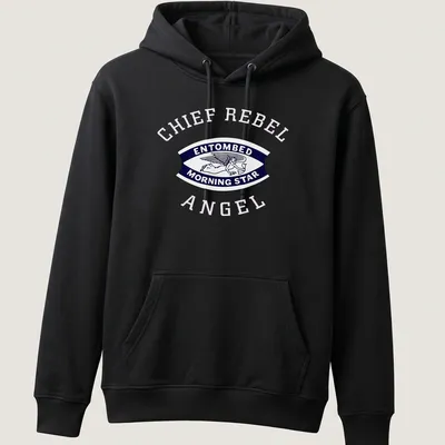Vintage badge design of an angel with the text 'ENTOMBED MORNING STAR' in navy, white, and pink — printed on a unisex hoodie