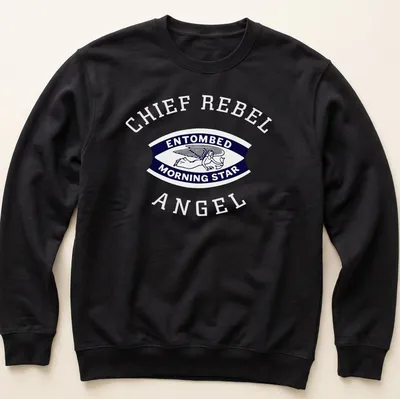 Vintage badge design of an angel with the text 'ENTOMBED MORNING STAR' in navy, white, and pink — printed on a unisex sweatshirt