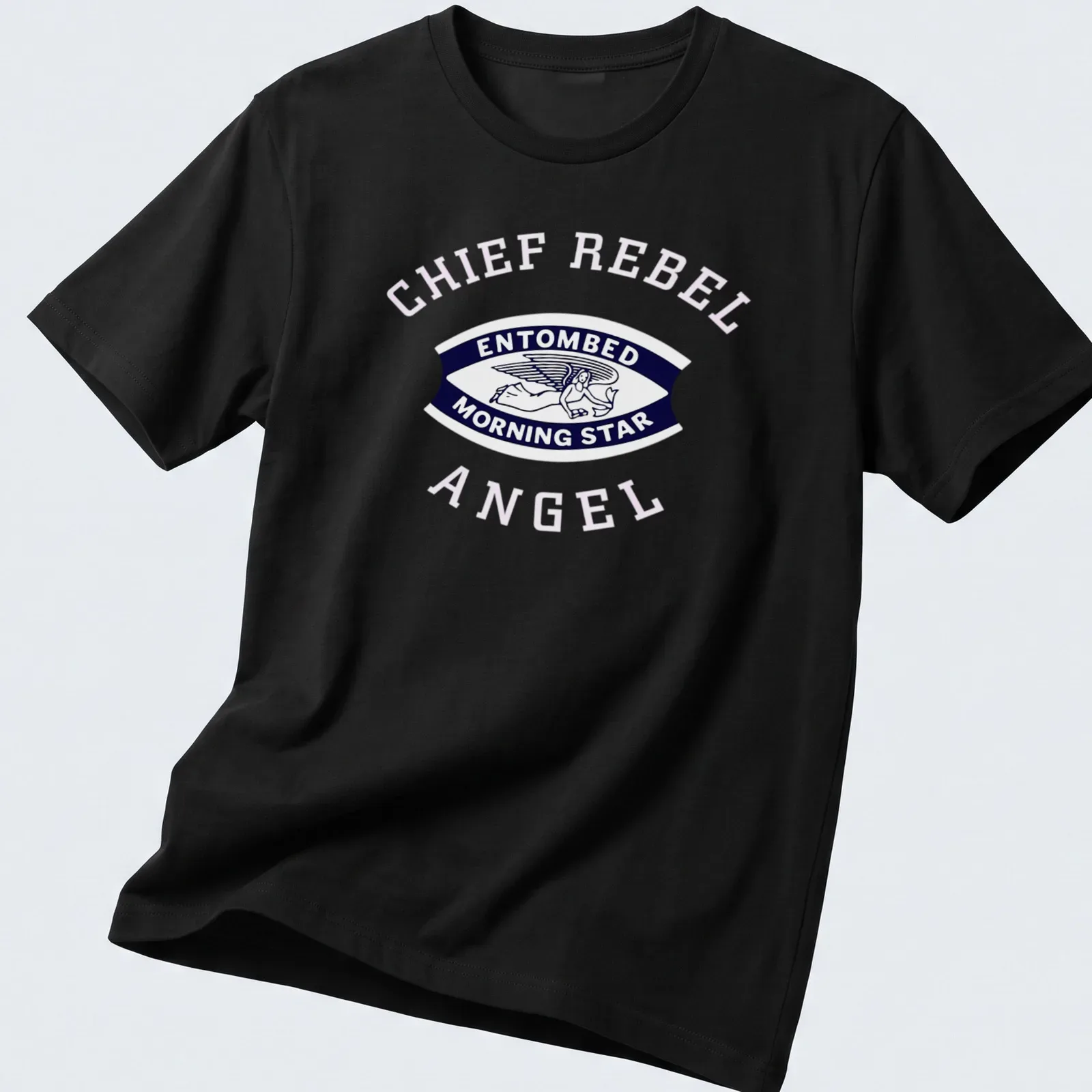 Vintage badge design of an angel with the text 'ENTOMBED MORNING STAR' in navy, white, and pink — printed on a unisex t-shirt