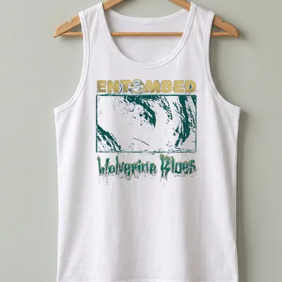 Distressed graphic of a wolverine with gold and teal lettering on a t-shirt. — printed on a tank top