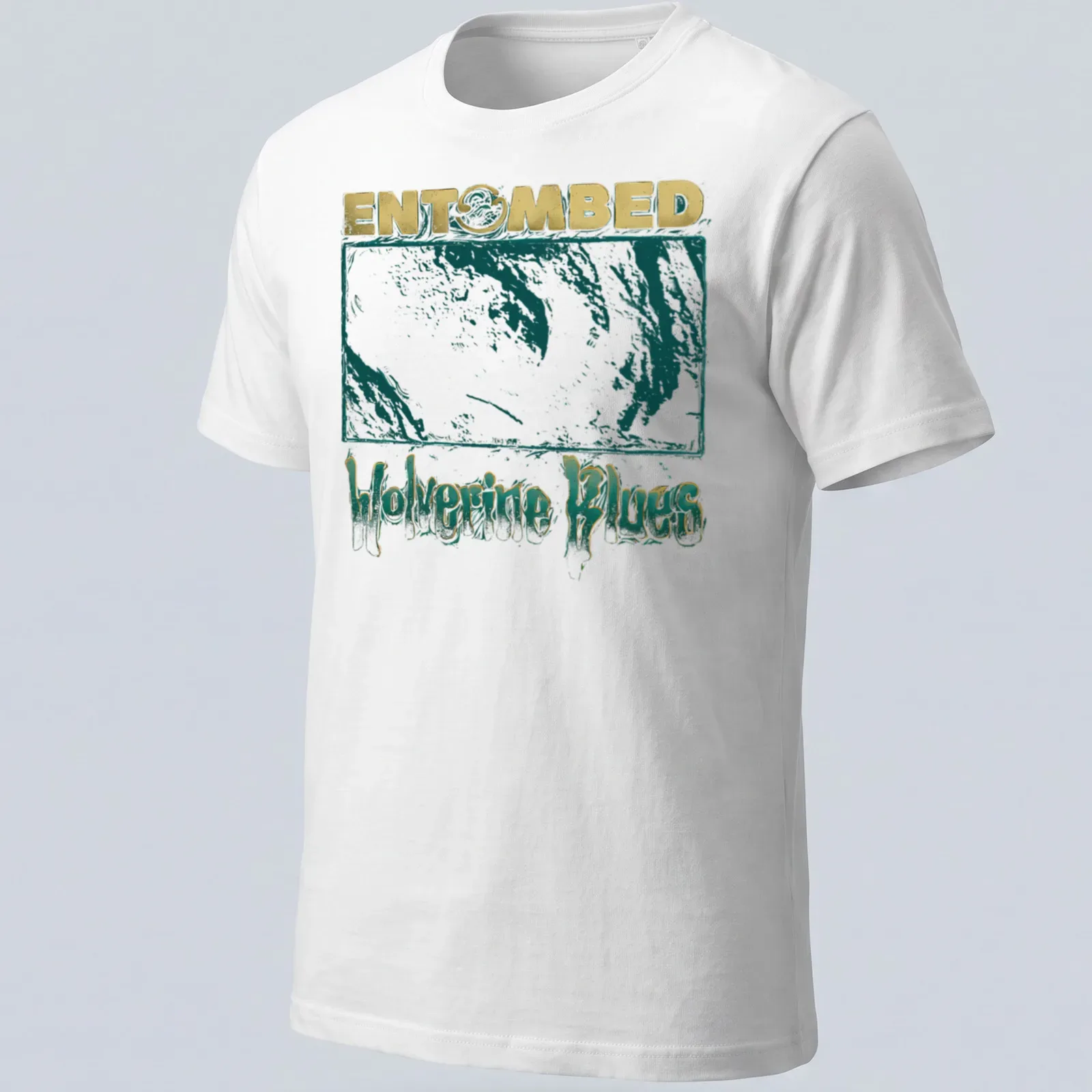 Distressed graphic of a wolverine with gold and teal lettering on a t-shirt. — printed on a unisex t-shirt