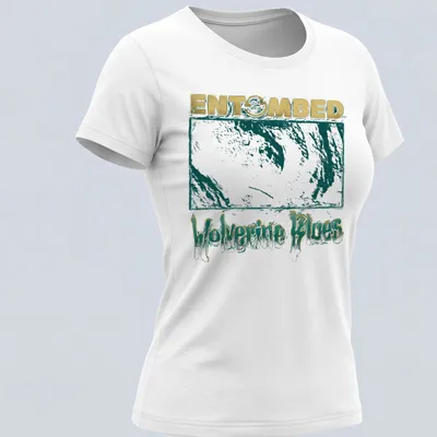 Distressed graphic of a wolverine with gold and teal lettering on a t-shirt. — printed on a women's shirt
