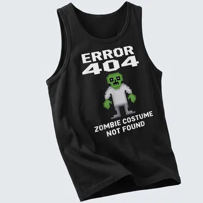 Pixel art of a zombie in green, white, and gray with text reading 'ERROR 404 ZOMBIE COSTUME NOT FOUND' — printed on a tank top