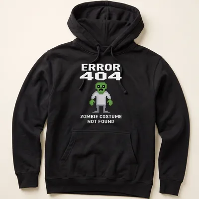 Pixel art of a zombie in green, white, and gray with text reading 'ERROR 404 ZOMBIE COSTUME NOT FOUND' — printed on a unisex hoodie