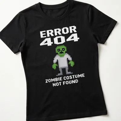 Pixel art of a zombie in green, white, and gray with text reading 'ERROR 404 ZOMBIE COSTUME NOT FOUND' — printed on a women's shirt
