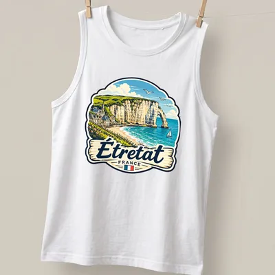 Vintage illustration of Étretat, France coastal landscape in blue and beige — printed on a tank top