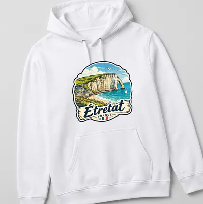 Vintage illustration of Étretat, France coastal landscape in blue and beige — printed on a unisex hoodie