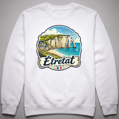 Vintage illustration of Étretat, France coastal landscape in blue and beige — printed on a unisex sweatshirt