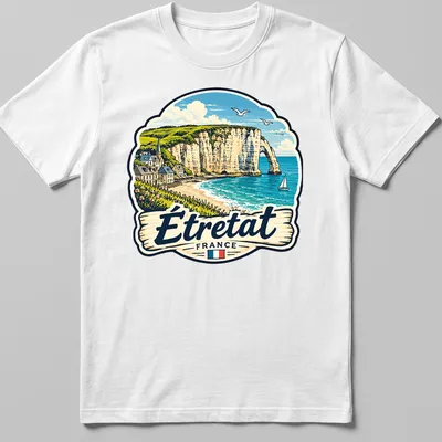 Vintage illustration of Étretat, France coastal landscape in blue and beige — printed on a unisex t-shirt