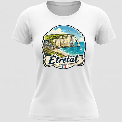 Vintage illustration of Étretat, France coastal landscape in blue and beige — printed on a women's shirt