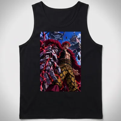 Anime Eustass Kid T-shirt with vibrant character illustration in red and black — printed on a tank top
