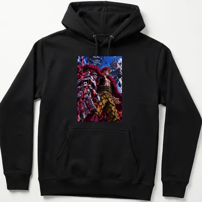 Anime Eustass Kid T-shirt with vibrant character illustration in red and black — printed on a unisex hoodie