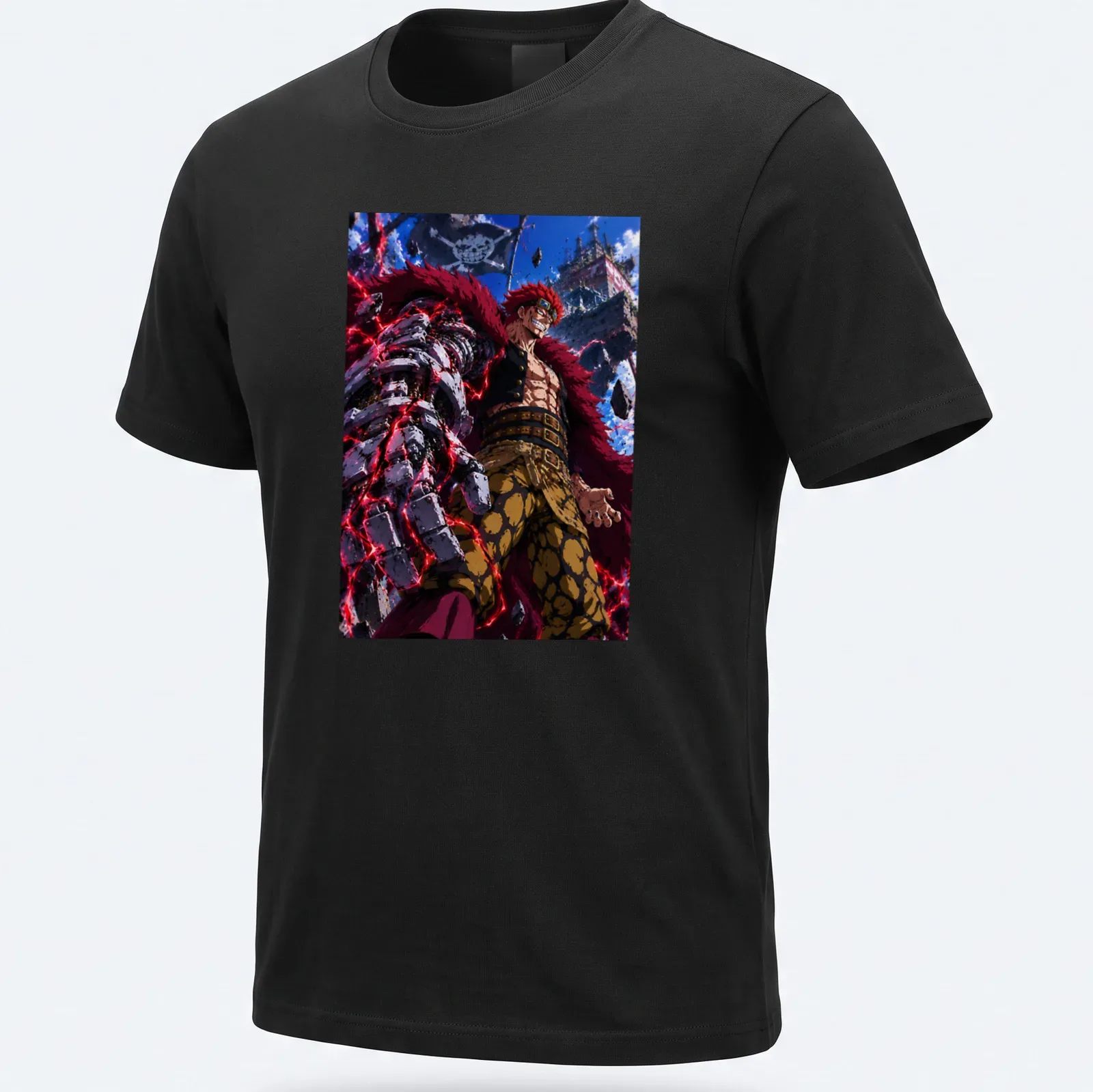 Anime Eustass Kid T-shirt with vibrant character illustration in red and black — printed on a unisex t-shirt