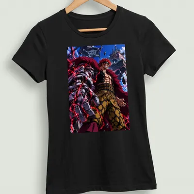 Anime Eustass Kid T-shirt with vibrant character illustration in red and black — printed on a women's shirt